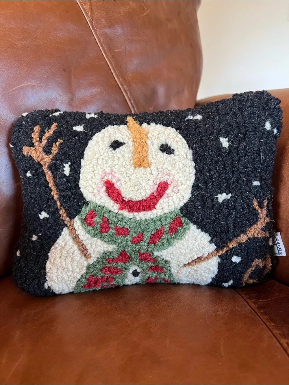 Hooked Snowman Holiday Pillow in Black, Cream & Green